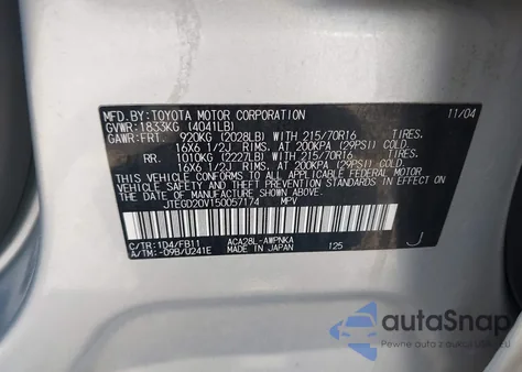 2005 Toyota Rav4 z USA, uszkodzony, nr VIN JTEGD20V150057174